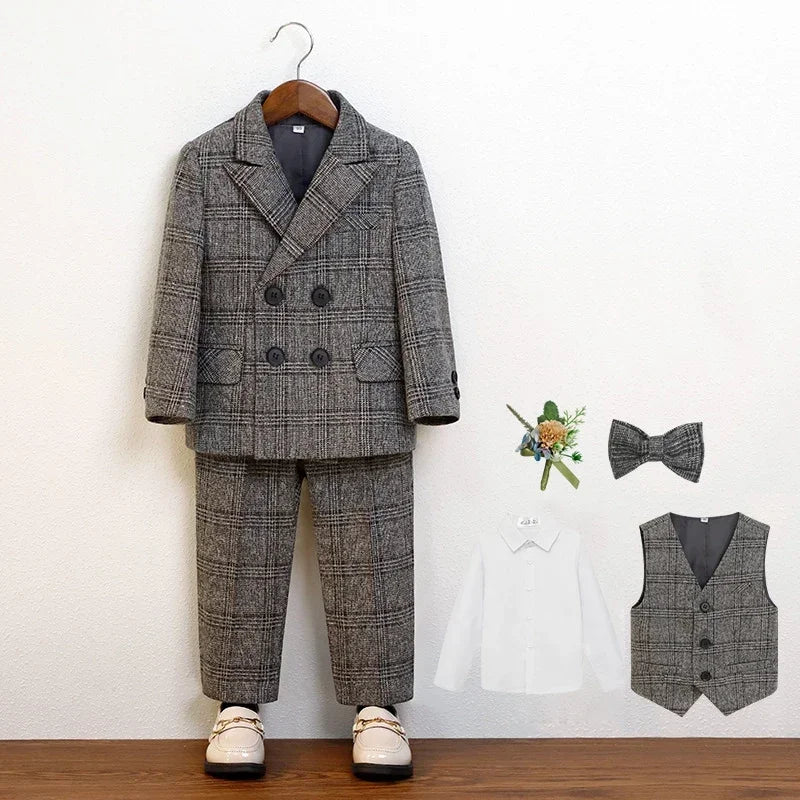 Boys Suit for Wedding Thick Children Photograph Performance Costume Khaki Elegant Kids Birthday Party Tuxedo Formal Blazer Set