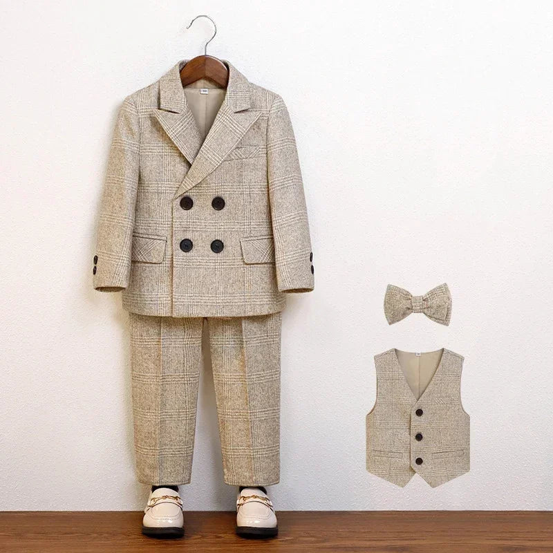 Boys Suit for Wedding Thick Children Photograph Performance Costume Khaki Elegant Kids Birthday Party Tuxedo Formal Blazer Set