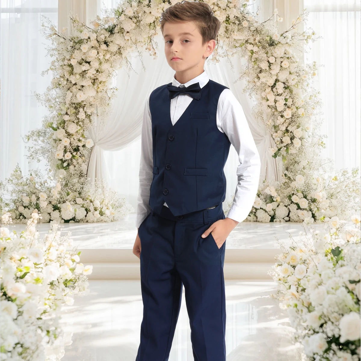 Black Vest Boys Dress Suit Kids Blazer Toddler Wedding Formal Piano Performance Waistcoats Children School Party Navy Clothes