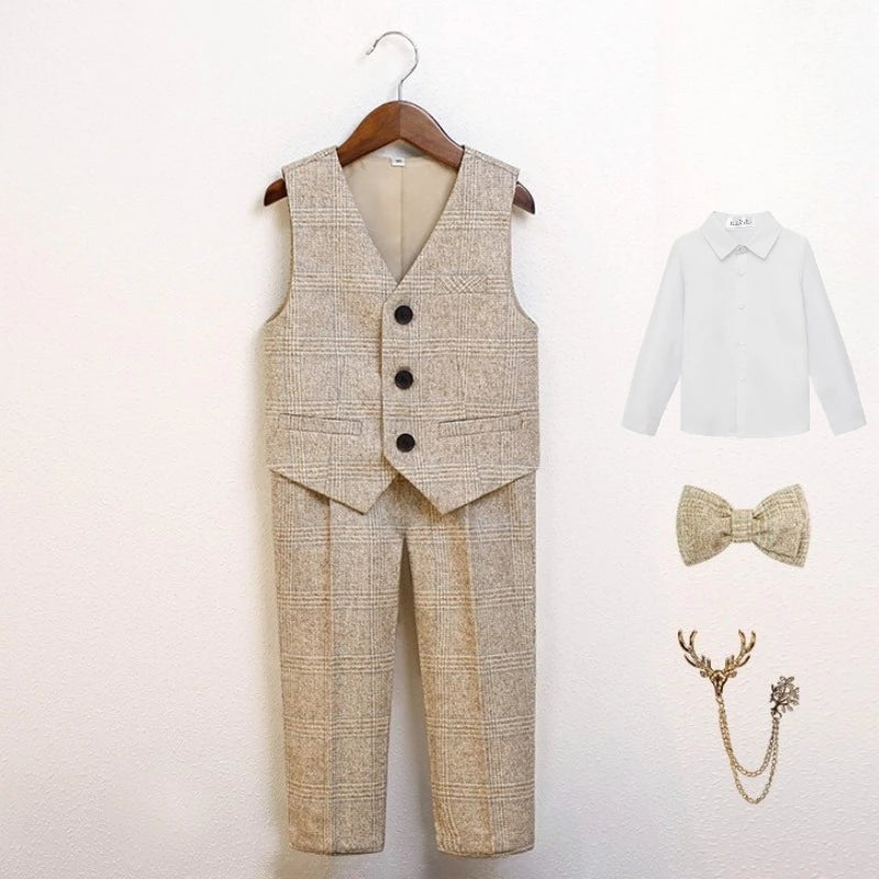 Boys Suit for Wedding Thick Children Photograph Performance Costume Khaki Elegant Kids Birthday Party Tuxedo Formal Blazer Set