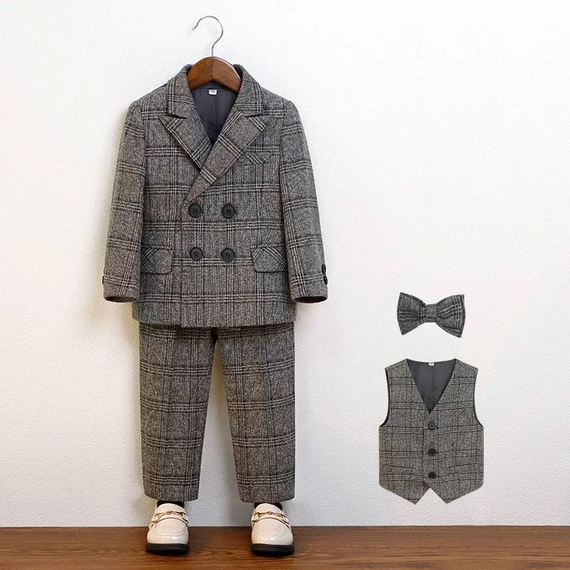 Boys Suit for Wedding Thick Children Photograph Performance Costume Khaki Elegant Kids Birthday Party Tuxedo Formal Blazer Set