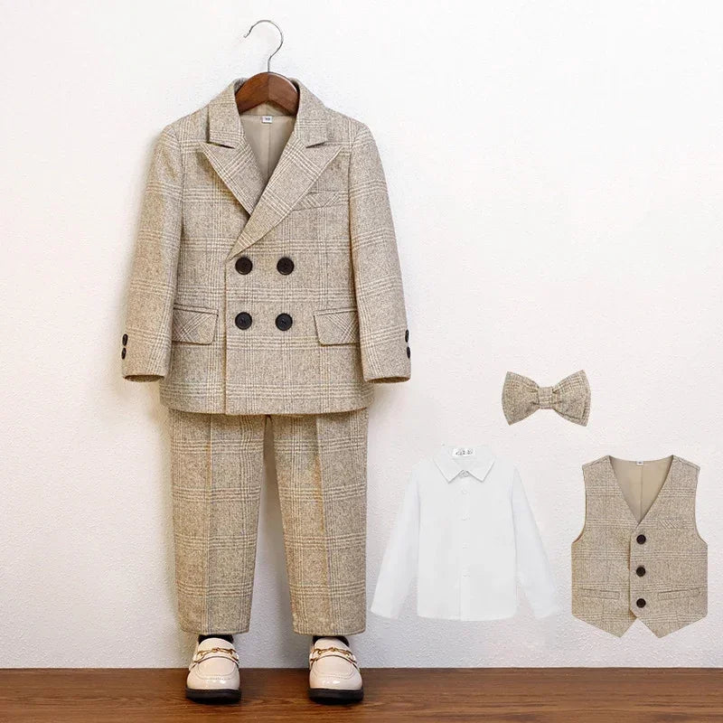 Boys Suit for Wedding Thick Children Photograph Performance Costume Khaki Elegant Kids Birthday Party Tuxedo Formal Blazer Set