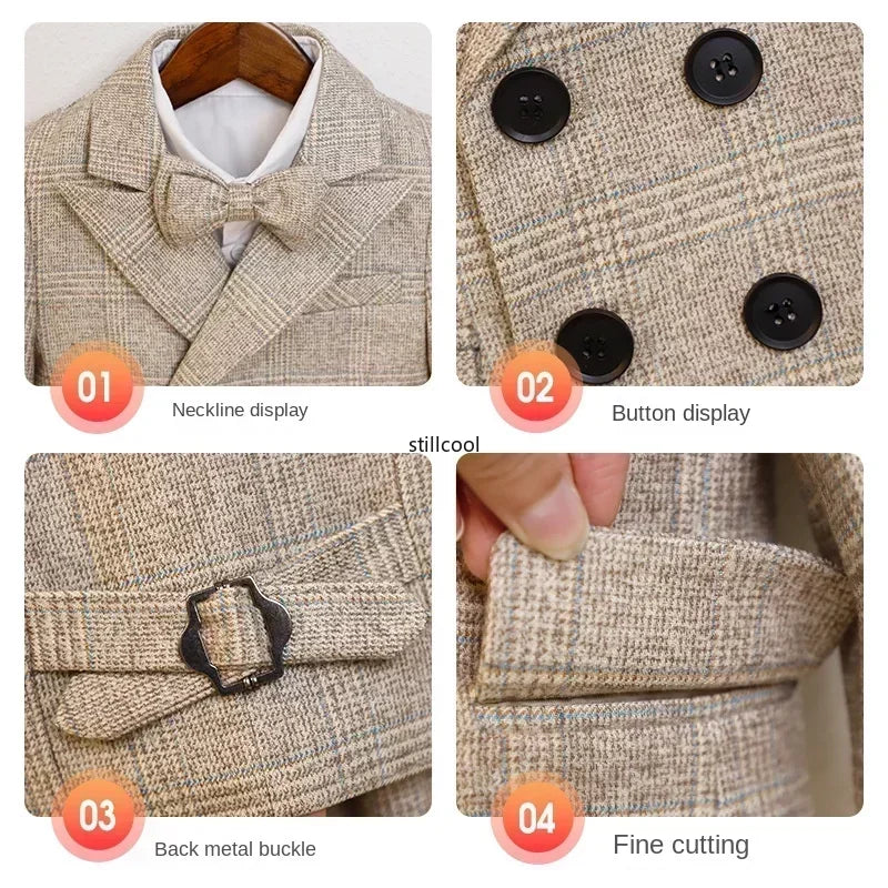 Boys Suit for Wedding Thick Children Photograph Performance Costume Khaki Elegant Kids Birthday Party Tuxedo Formal Blazer Set