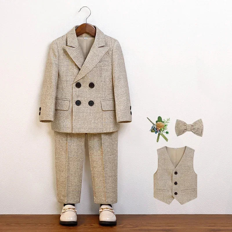 Boys Suit for Wedding Thick Children Photograph Performance Costume Khaki Elegant Kids Birthday Party Tuxedo Formal Blazer Set