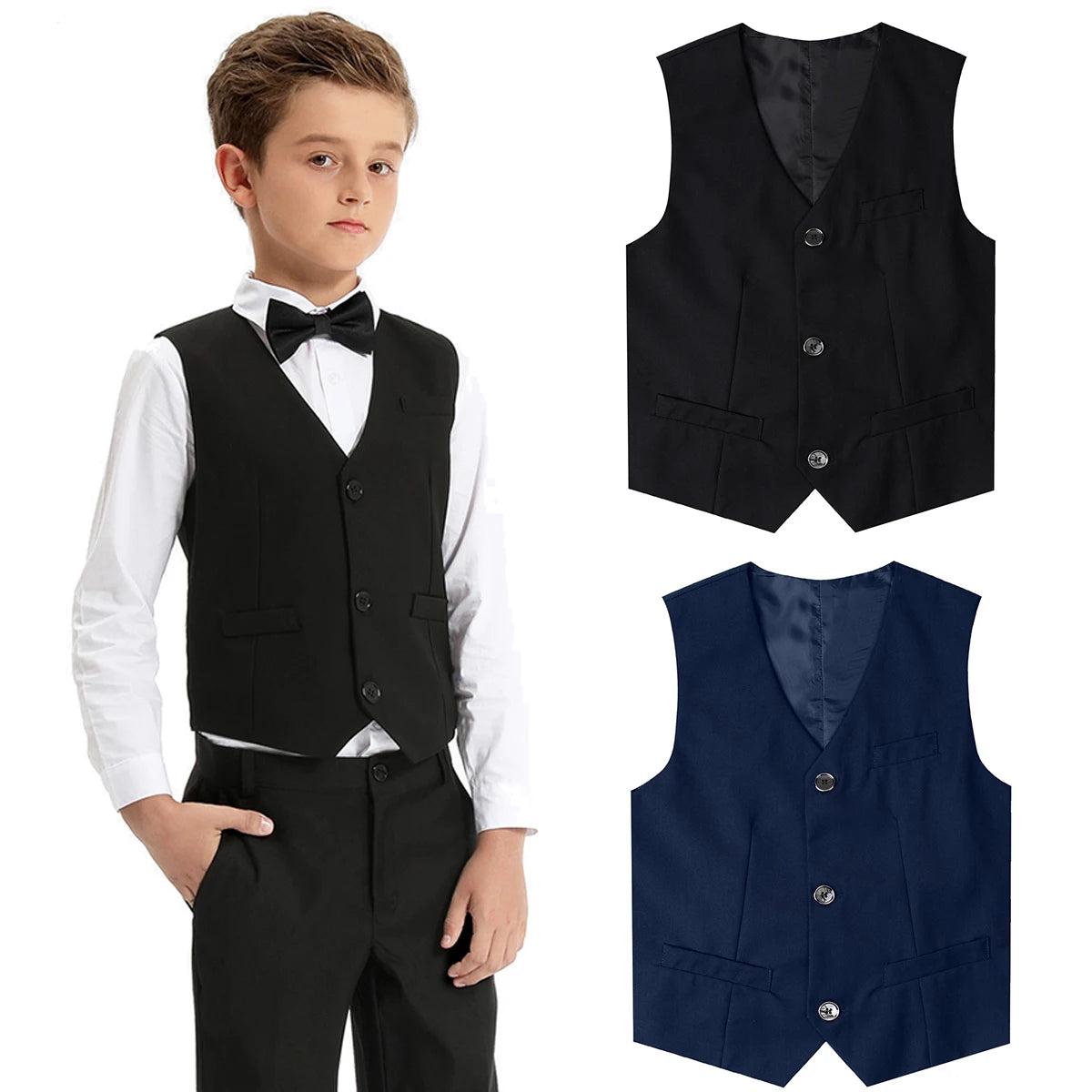 Black Vest Boys Dress Suit Kids Blazer Toddler Wedding Formal Piano Performance Waistcoats Children School Party Navy Clothes