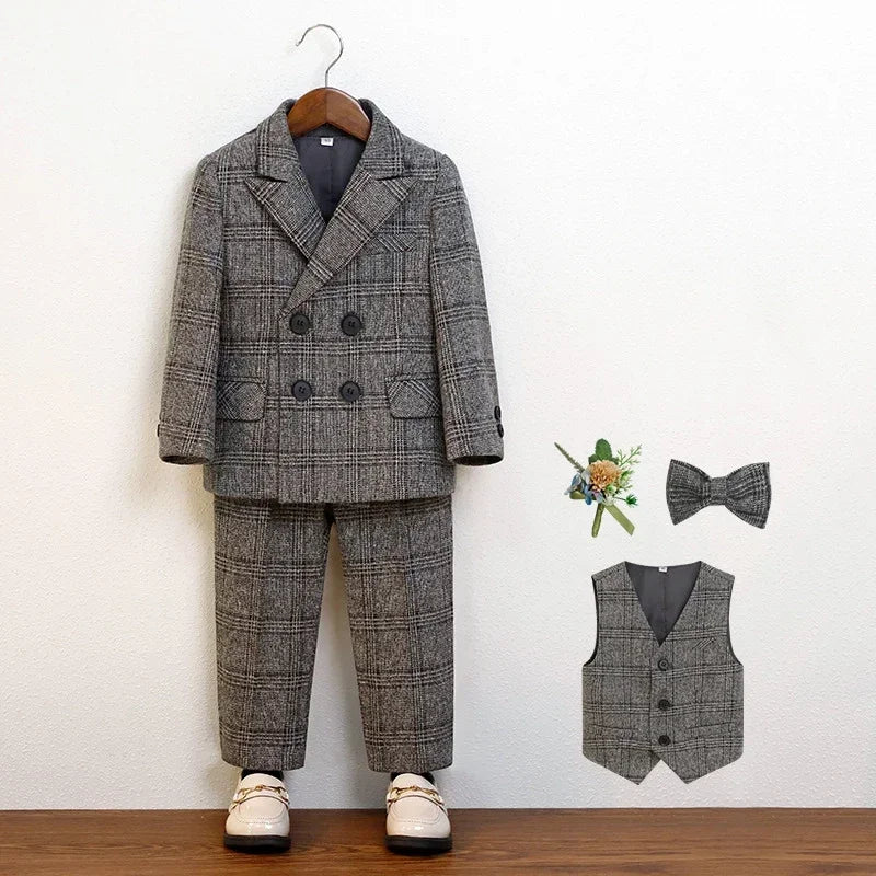 Boys Suit for Wedding Thick Children Photograph Performance Costume Khaki Elegant Kids Birthday Party Tuxedo Formal Blazer Set
