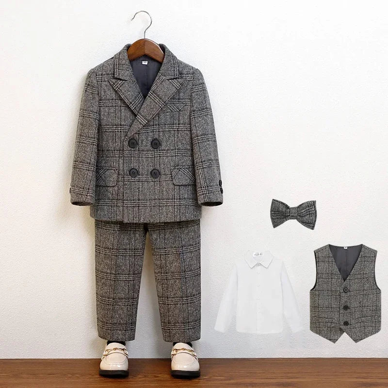 Boys Suit for Wedding Thick Children Photograph Performance Costume Khaki Elegant Kids Birthday Party Tuxedo Formal Blazer Set